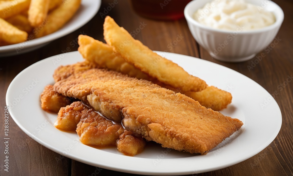 Crispy Fried Fish Filet Served with Golden Steak Fries on Plate Crispy Fried Fish Filet Served with Golden Steak Fries on Plate