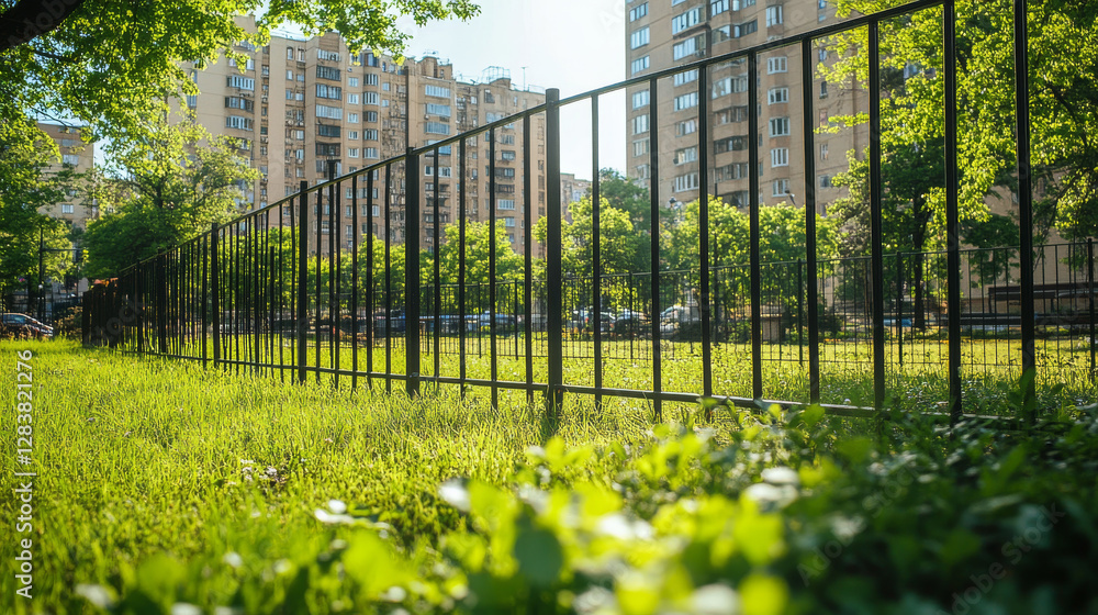 Summer landscape of park with green grass and trees and city houses behind metal fence. Cityscape with modern eco buildings with green plants on balconies, vector cartoon illustration Summer landscape of park with green grass and trees and city houses behind metal fence. Cityscape with modern eco buildings with green plants on balconies, vector cartoon illustration