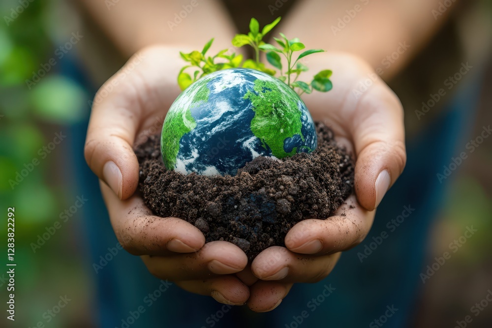 Hands holding Earth globe with soil and plants symbolizing environmental care, Hands holding Earth globe with soil and plants symbolizing environmental care,