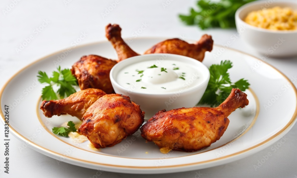 Grilled Chicken Drumsticks with Yogurt Sauce Garnished with Herbs Grilled Chicken Drumsticks with Yogurt Sauce Garnished with Herbs