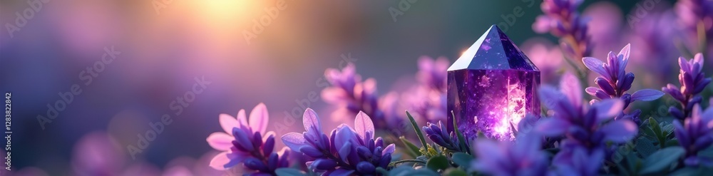 Amethyst crystal nestled among lavender blooms, serene scene, peaceful ambiance Amethyst crystal nestled among lavender blooms, serene scene, peaceful ambiance