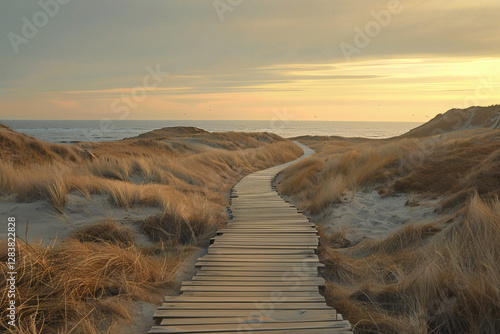 Hölzerner Weg durch Dünen und Sträucher zum Strand mit Blick aufs Meer – Natur, Strand, Küstenlandschaft, Wanderung, Ruhe, Erholung, Outdoor, Meerblick, Sommer photo