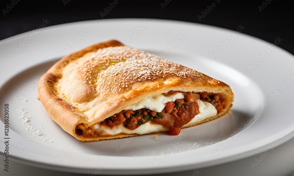 Delicious Calzone with Meat and Cheese Filling on Elegant Plate Delicious Calzone with Meat and Cheese Filling on Elegant Plate