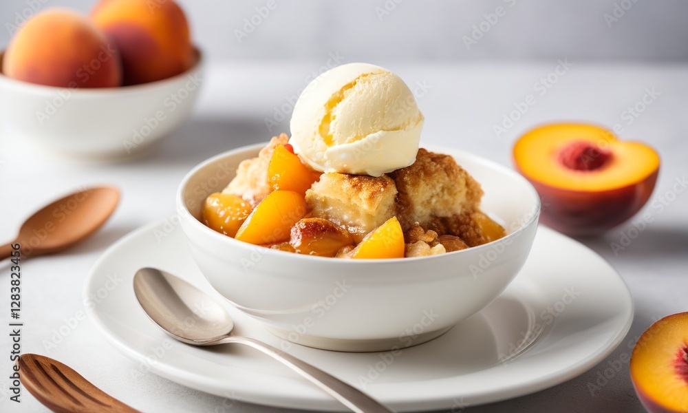 Fresh Peach Cobbler with Vanilla Ice Cream and Wooden Utensils Fresh Peach Cobbler with Vanilla Ice Cream and Wooden Utensils