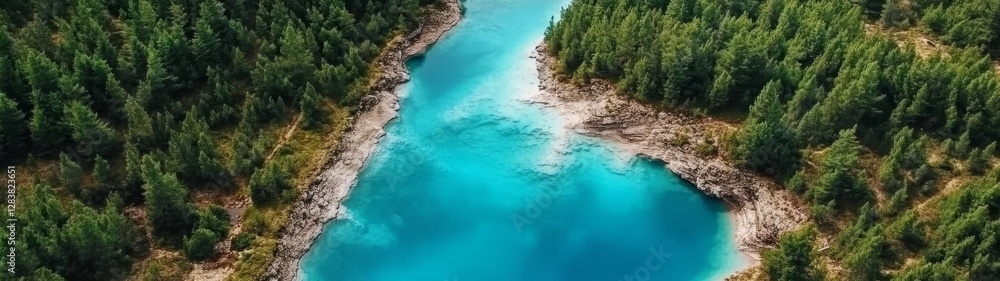 Aerial View of Serene Turquoise River Surrounded by Lush Forests Aerial View of Serene Turquoise River Surrounded by Lush Forests