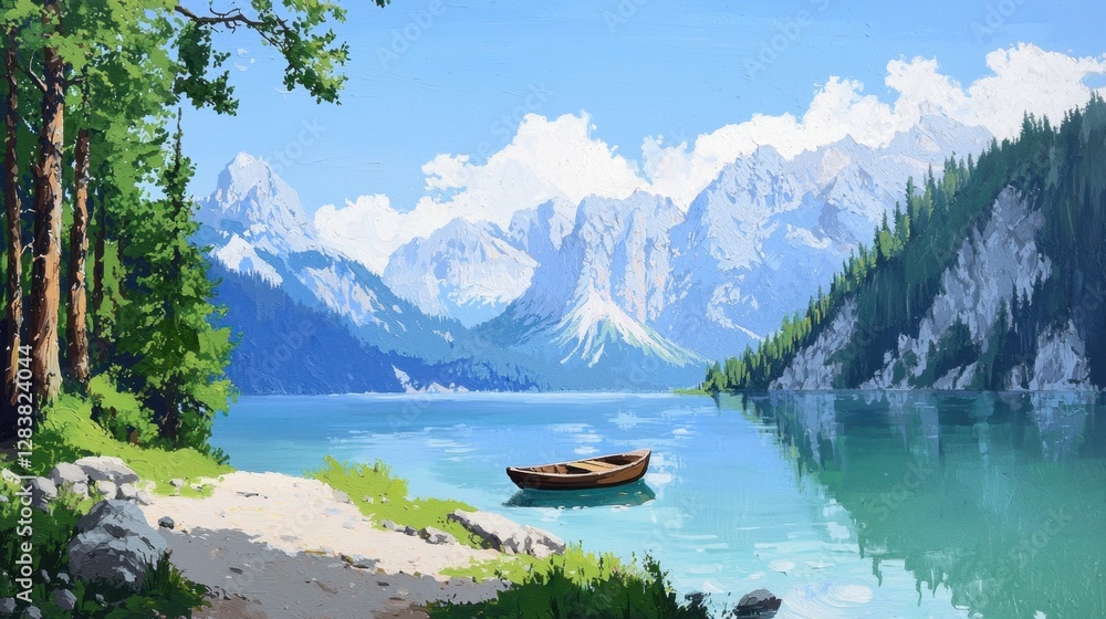 Serene Mountain Landscape with Tranquil Lake and Wooden Boat Under Clear Blue Sky Surrounded by Lush Green Trees and Majestic Peaks Serene Mountain Landscape with Tranquil Lake and Wooden Boat Under Clear Blue Sky Surrounded by Lush Green Trees and Majestic Peaks