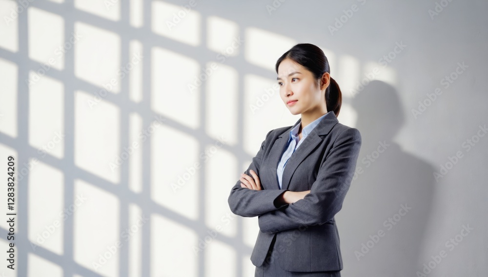 Businesswoman in a suit, thinking, office light and shadows. Potential use for business-related stock images Businesswoman in a suit, thinking, office light and shadows. Potential use for business-related stock images