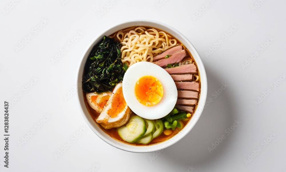 Delicious Bowl of Ramen with Toppings and Soft Boiled Egg Delicious Bowl of Ramen with Toppings and Soft Boiled Egg
