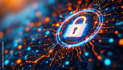 Digital security concept with glowing lock on circuitry background