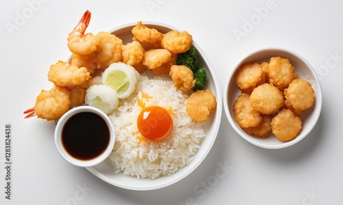 Delicious shrimp and rice dish with crispy nuggets on a white background