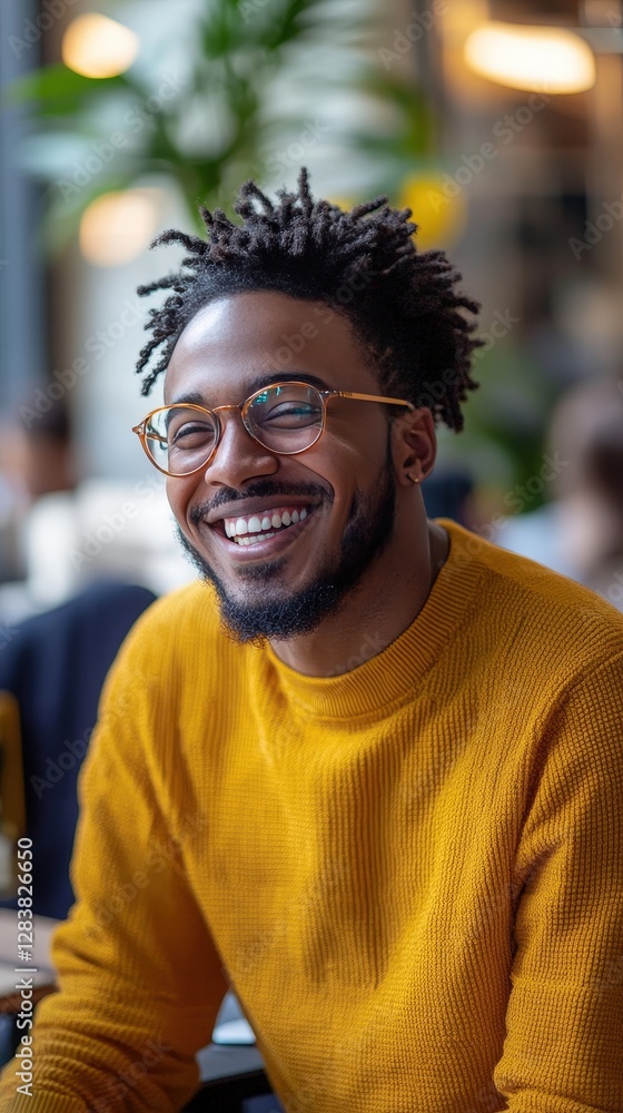 Fototapeta premium Cheerful young man smiling and wearing glasses in coworking space