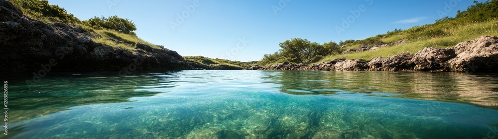 Serene Coastal Scene with Clear Water and Greenery in Background Serene Coastal Scene with Clear Water and Greenery in Background