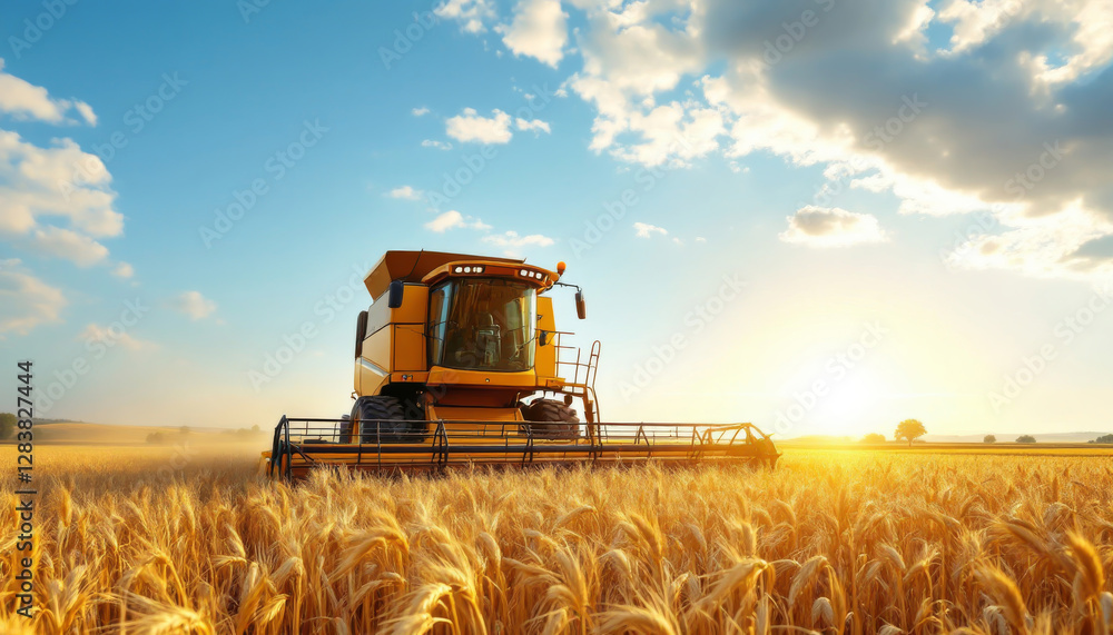 Obraz premium Yellow combine harvests wheat under a bright blue sky