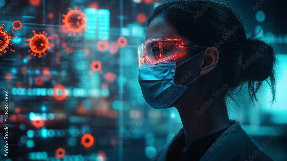 Woman wearing a mask and glasses in a digital environment Woman wearing a mask and glasses in a digital environment