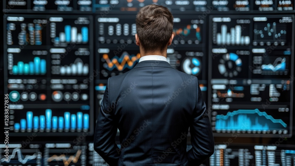 A businessman analyzes data on multiple screens, showcasing graphs and charts, reflecting market trends and analytics.