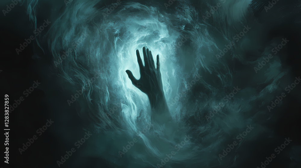 A ghostly hand reaches through a mysterious portal surrounded by swirling mist, ai. Ghostly Hands Reaching Through Veil. Illustration A ghostly hand reaches through a mysterious portal surrounded by swirling mist, ai. Ghostly Hands Reaching Through Veil. Illustration