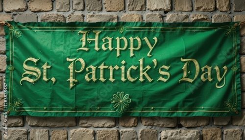 Green st. patrick's day banner hanging on stone wall with festive design