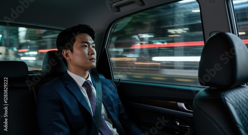 Asian young adult male in suit riding in car at night