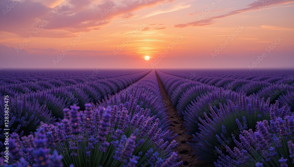 Obraz premium Lavender Field at Sunrise with Mist