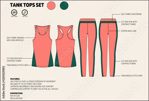 Ladies Sports Tank Top and Leggings Technical Fashion Sketch Tech Pack. 