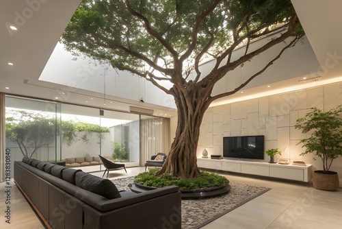 Modern living room with indoor tree and natural light design