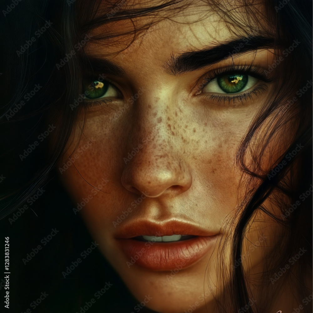 The image is a close-up portrait of a person with green eyes, freckles, and long dark hair. The background is dark, which contrasts with the person's skin and hair The image is a close-up portrait of a person with green eyes, freckles, and long dark hair. The background is dark, which contrasts with the person's skin and hair
