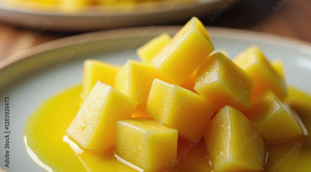 Juicy pineapple cubes coated in golden syrup, beautifully arranged on a white plate. A tropical fruit delight with a fresh, sweet, and vibrant appearance. Juicy pineapple cubes coated in golden syrup, beautifully arranged on a white plate. A tropical fruit delight with a fresh, sweet, and vibrant appearance.