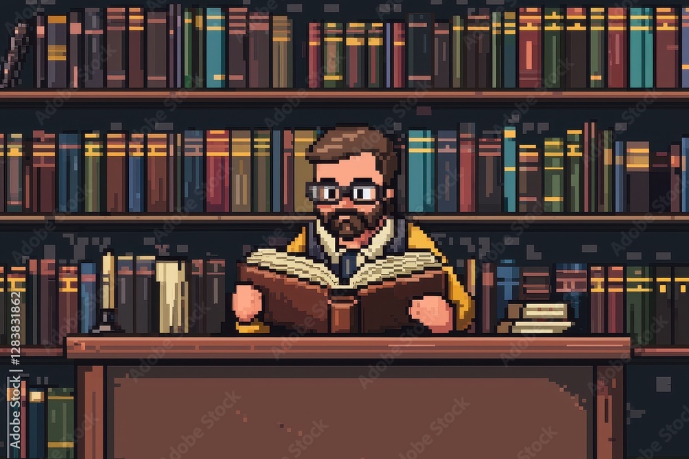 Pixel Art Man Reading Book in Library Surrounded by Bookshelves Studying Learning Pixel Art Man Reading Book in Library Surrounded by Bookshelves Studying Learning