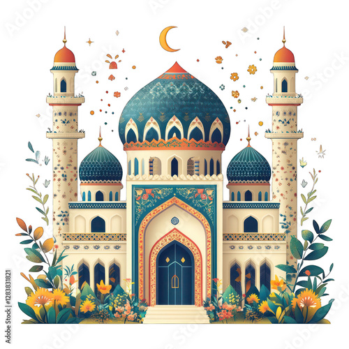 Majestic Mosque with Crescent Moon and Floral Patterns – Islamic Festival Art