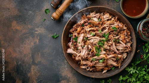 BBQ pulled pork on a rustic plate, smoke curling softly, top view, Southern-style kitchen