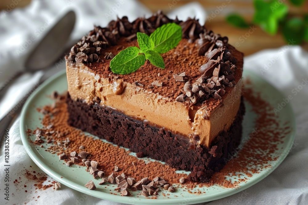 Chocolate Mousse with Fresh Mint, Velvety Dark Chocolate Mousse Garnished with Mint Leaves, Whipped Cream, and a Drizzle of Chocolate Sauce, Indulgent Dessert Isolated on Background with Copy Space. Chocolate Mousse with Fresh Mint, Velvety Dark Chocolate Mousse Garnished with Mint Leaves, Whipped Cream, and a Drizzle of Chocolate Sauce, Indulgent Dessert Isolated on Background with Copy Space.