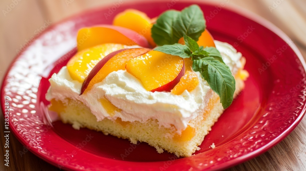 A Slice of Peachy Perfection: Exquisite Dessert with Whipped Cream and Fresh Peaches A Slice of Peachy Perfection: Exquisite Dessert with Whipped Cream and Fresh Peaches