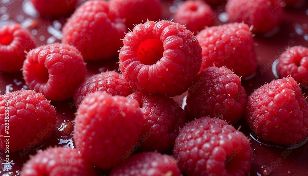 Ripe raspberries piled on shiny red surface