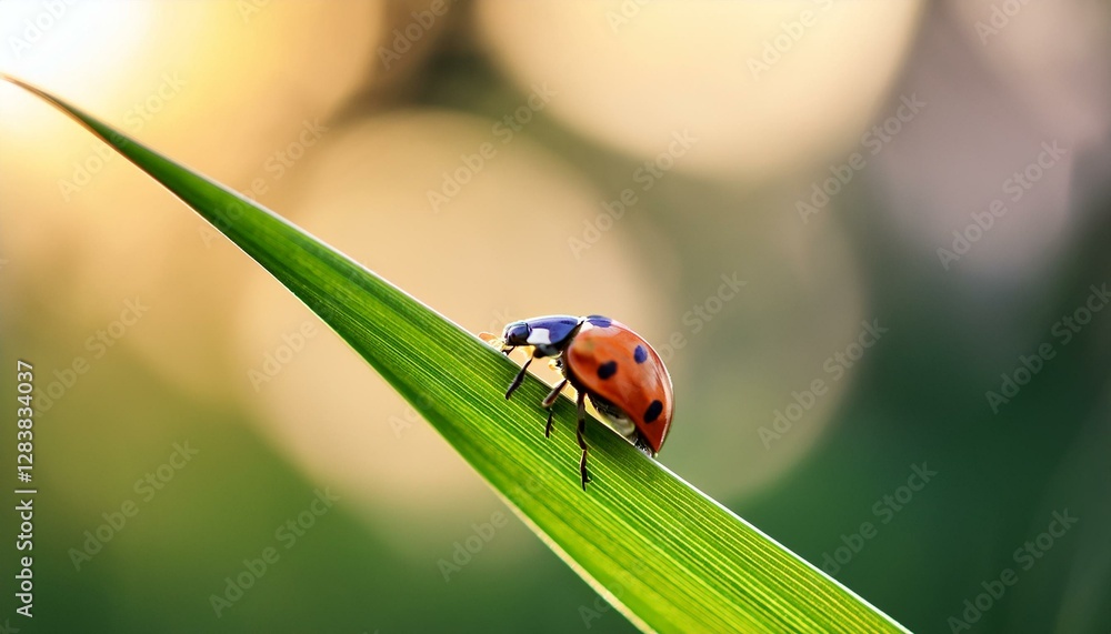 Macro shot of a ladybug resting on the edge of a green blade of grass, with soft natural bokeh in the background, highlighting its vibrant red shell and black spots. Macro shot of a ladybug resting on the edge of a green blade of grass, with soft natural bokeh in the background, highlighting its vibrant red shell and black spots.