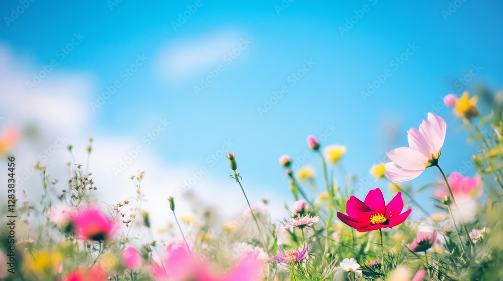 Close-up of vibrant wildflowers, including pink cosmos, green grass, and bright colors. Bokeh effect and natural sunlight create a dreamy summer atmosphere. Close-up of vibrant wildflowers, including pink cosmos, green grass, and bright colors. Bokeh effect and natural sunlight create a dreamy summer atmosphere.