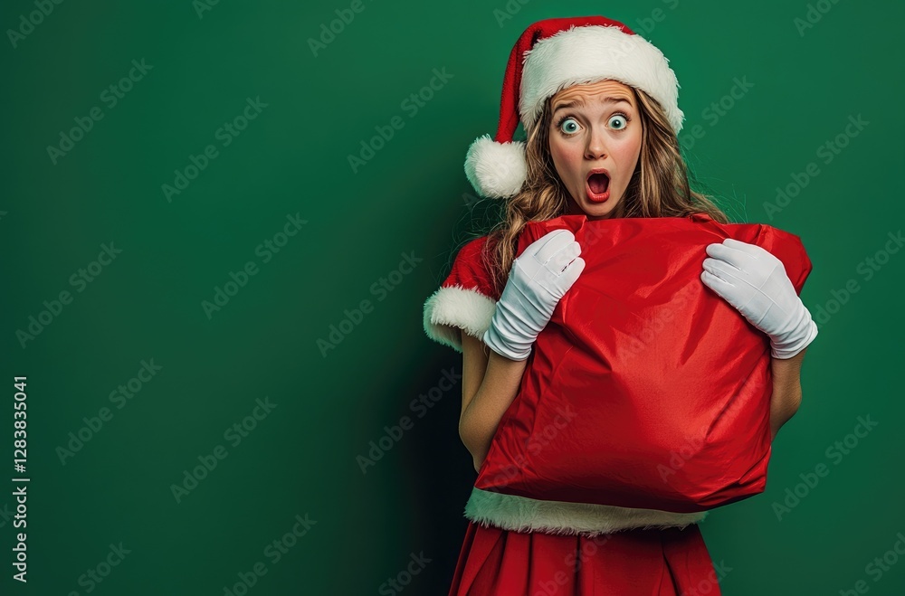 an attractive woman in a Santa Claus costume, holding a Christmas present against a green background. an attractive woman in a Santa Claus costume, holding a Christmas present against a green background.