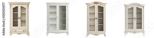 Luxurious antique style wooden cabinets and shelving units with intricate ornamental details and elegant traditional design in a classic home interior setting