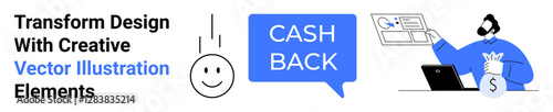 happy face, cashback text bubble, man holding cash bag, digital transaction elements. Ideal for finance, e-commerce, discounts, payment, rewards savings customer engagement flat landing page banner