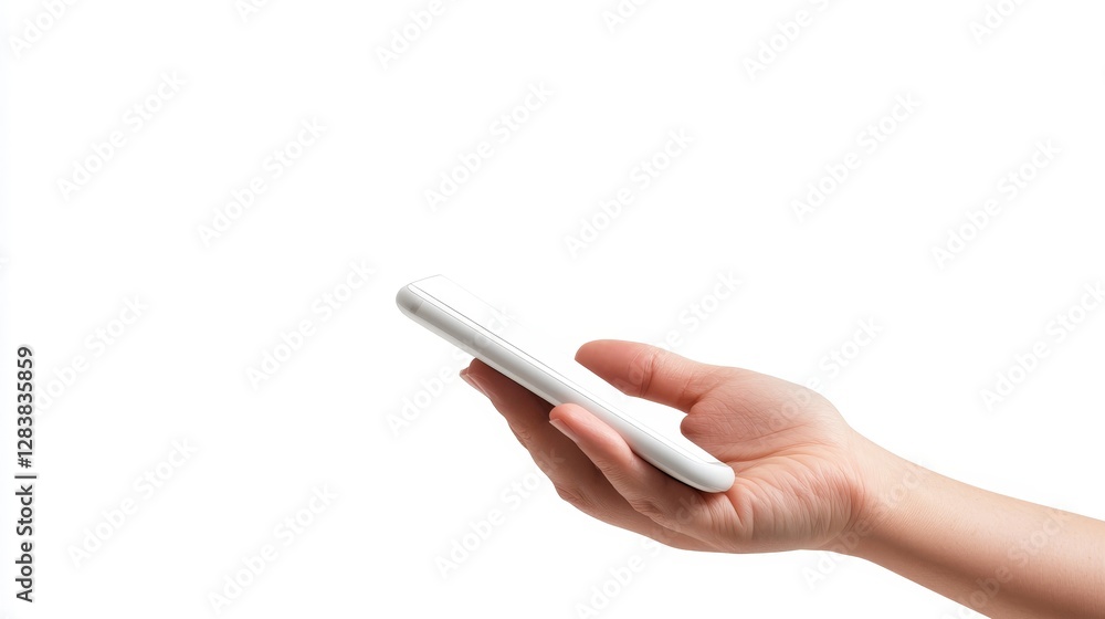 Hand Holding Modern Smartphone on White Background with Space Hand Holding Modern Smartphone on White Background with Space