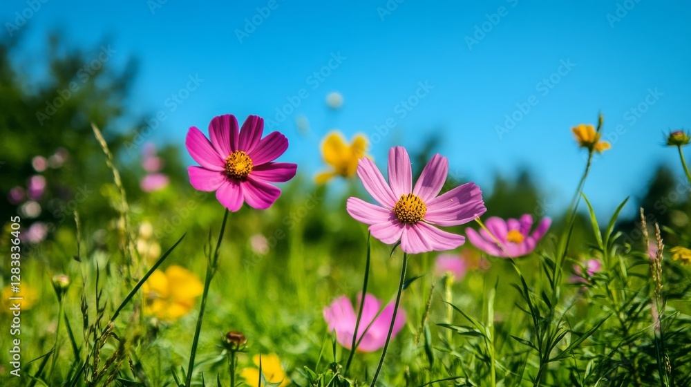 Close-up of vibrant wildflowers, including pink cosmos, green grass, and bright colors. Bokeh effect and natural sunlight create a dreamy summer atmosphere. Close-up of vibrant wildflowers, including pink cosmos, green grass, and bright colors. Bokeh effect and natural sunlight create a dreamy summer atmosphere.