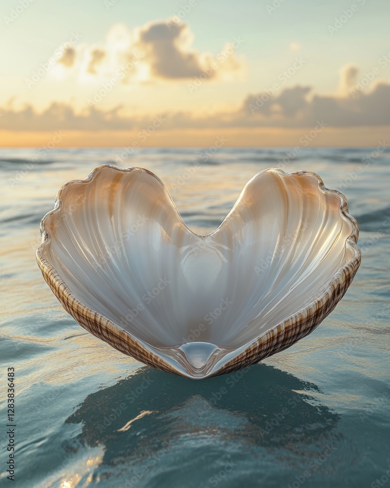 Fototapeta premium Elegant open giant clam seashell podium facing forward, floating on a serene ocean, perfect for luxury product display.