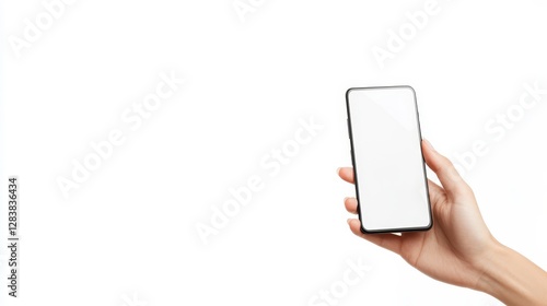 Hand Holding a Smartphone with a Blank Screen on White Background