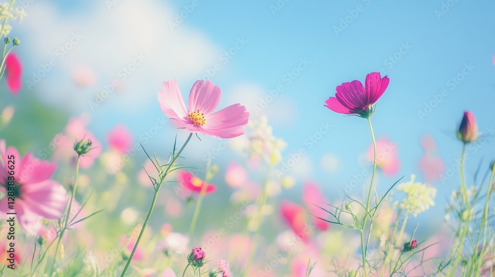 Close-up of vibrant wildflowers, including pink cosmos, green grass, and bright colors. Bokeh effect and natural sunlight create a dreamy summer atmosphere. Close-up of vibrant wildflowers, including pink cosmos, green grass, and bright colors. Bokeh effect and natural sunlight create a dreamy summer atmosphere.