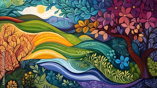 Vibrant Spring Landscape: A Digital Painting of Whimsical Flora and Rolling Hills AI Generated