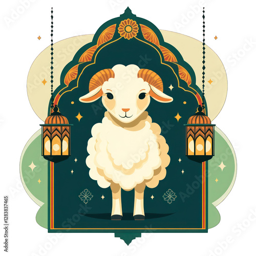 Ram with Islamic Arch and Hanging Lanterns – Eid al-Adha Celebration