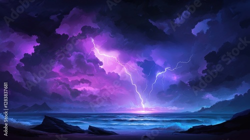 Majestic Stormy Seascape with Dynamic Lightning and Dramatic Clouds Under a Vibrant Purple Sky at Dusk
