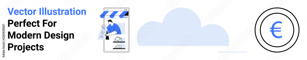 Vendor interacting with smartphone tablet under awning, euro sign in circle, cloud in center. Ideal for online payment, e-commerce, cloud computing, fintech, technology, global trade flat landing Vendor interacting with smartphone tablet under awning, euro sign in circle, cloud in center. Ideal for online payment, e-commerce, cloud computing, fintech, technology, global trade flat landing
