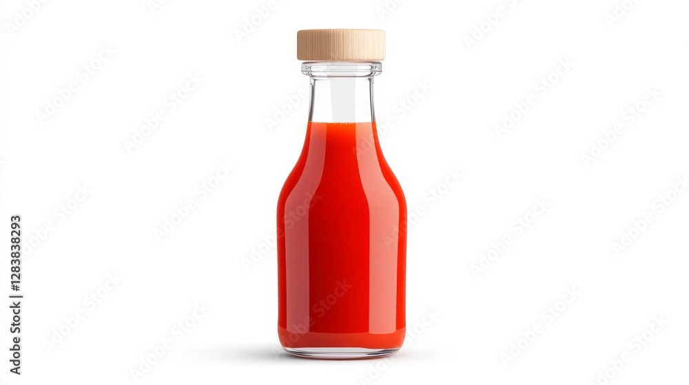 Glass bottle filled with vibrant red sauce on white background Glass bottle filled with vibrant red sauce on white background