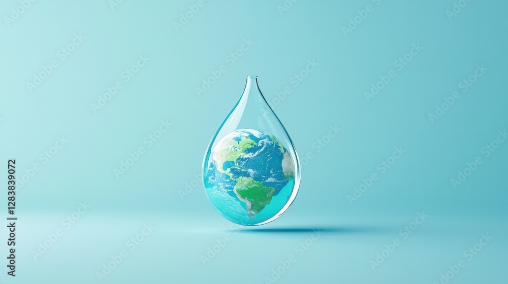 Obraz premium Illustration of a Water Drop Containing a Vibrant Earth Globe, Symbolizing Environmental Conservation and the Importance of Water Resources