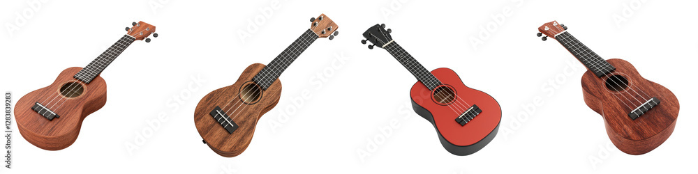 Fototapeta premium An assortment of wooden stringed musical instruments including acoustic guitars ukuleles and other vintage style plucked instruments